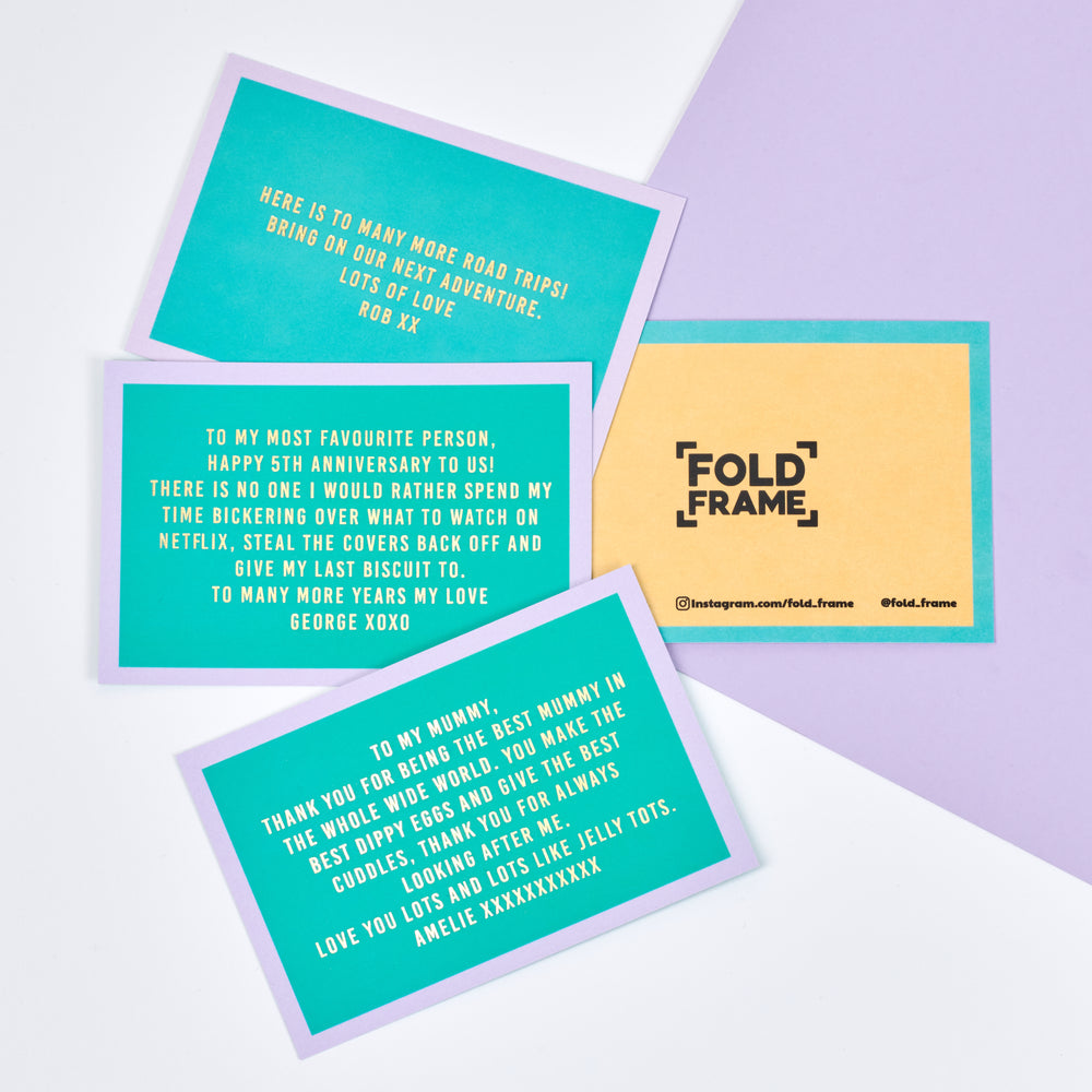 A colourful printed gift note with a gold foil message
